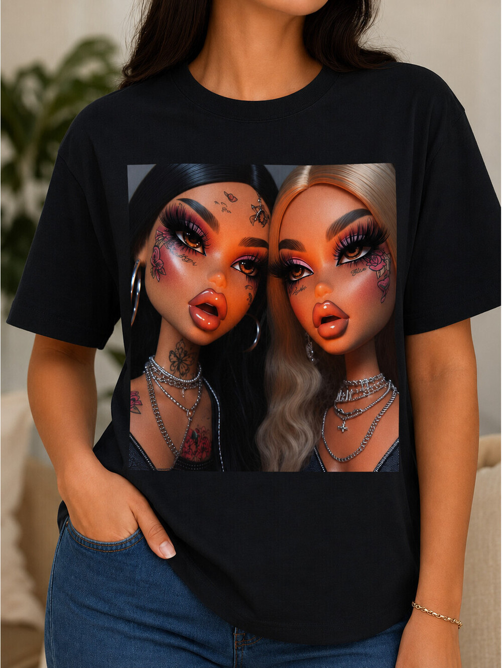 Fashion Doll Graphic T-Shirt, Glam Doll Portrait Tee, Y2K Style Girl Shirt